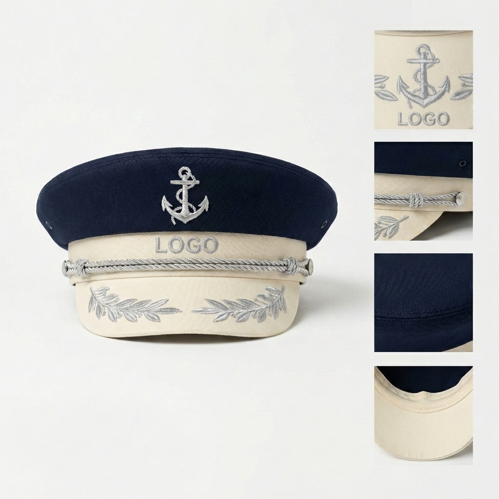 Two-Tone Nautical Captain Hat with Adjustable Band and Anchor Embroidery
