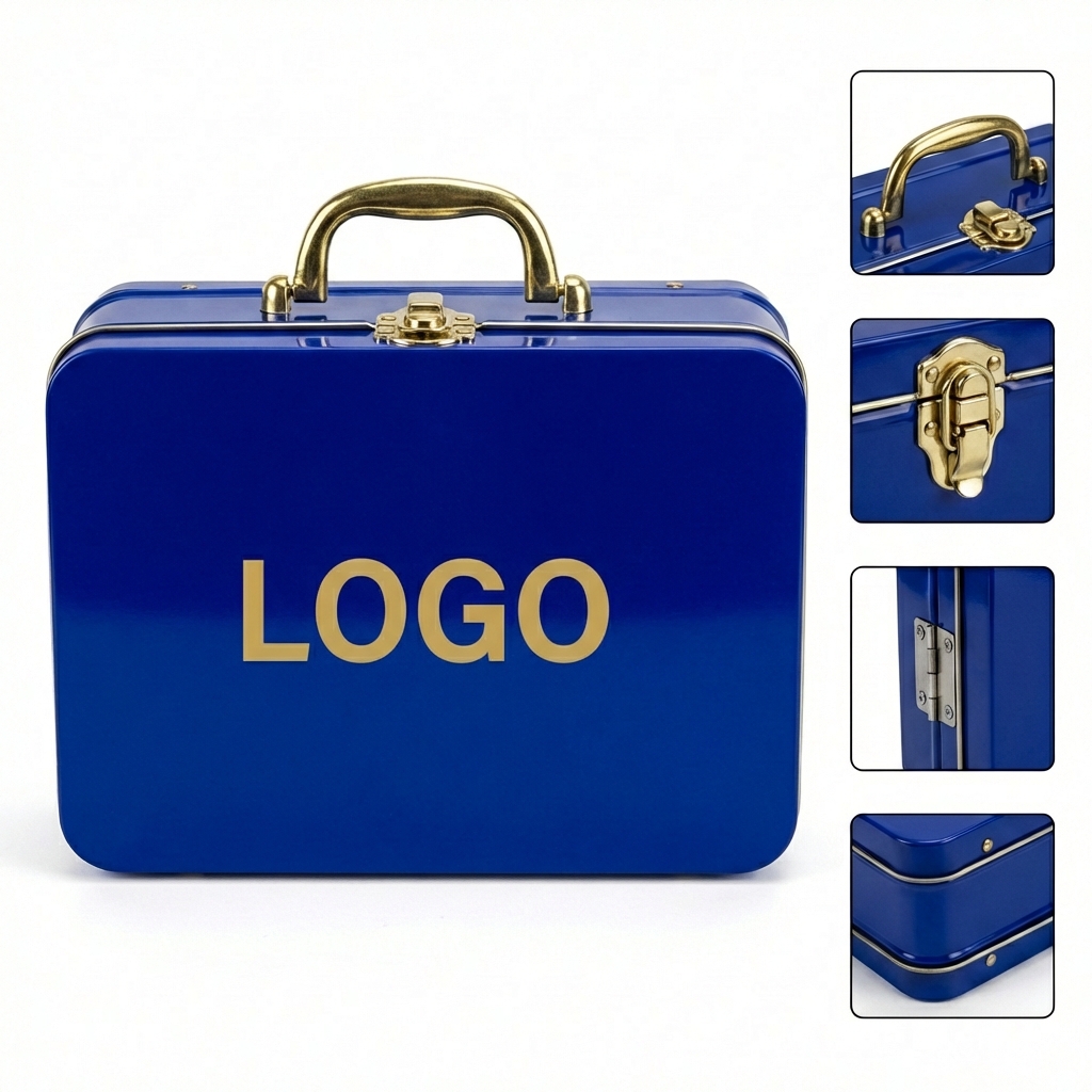 Retro Style Metal Lunch Box with Gold-Tone Secure Latch