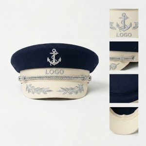 Two-Tone Nautical Captain Hat with Adjustable Band and Anchor Embroidery