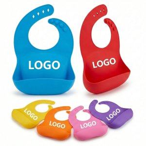 Soft Silicone Feeding Bib with Adjustable Neckband and Catch-All Pocket